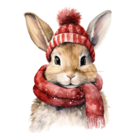 Rabbit Wearing Winter Clothes For Christmas Event. Watercolor Style. AI Generated png