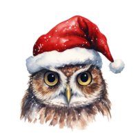 hibou portant Père Noël chapeau pour Noël événement. aquarelle style. ai généré png