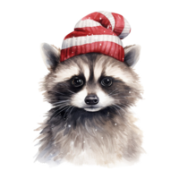 Raccoon Wearing Winter Clothes For Christmas Event. Watercolor Style. AI Generated png