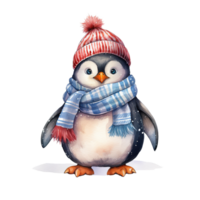 Penguin Wearing Winter Clothes For Christmas Event. Watercolor Style. AI Generated png