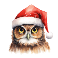 hibou portant Père Noël chapeau pour Noël événement. aquarelle style. ai généré png