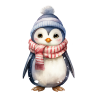 Penguin Wearing Winter Clothes For Christmas Event. Watercolor Style. AI Generated png