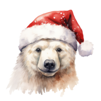 Polar Bear Wearing Santa Hat For Christmas Event. Watercolor Style. AI Generated png