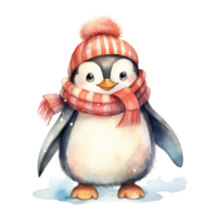 Penguin Wearing Winter Clothes For Christmas Event. Watercolor Style. AI Generated png