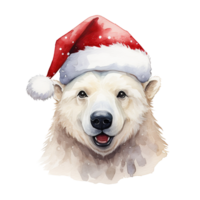 Polar Bear Wearing Santa Hat For Christmas Event. Watercolor Style. AI Generated png