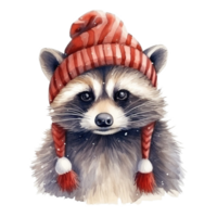 mapache vistiendo invierno ropa para Navidad evento. acuarela estilo. ai generado png