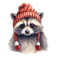 Raccoon Wearing Winter Clothes For Christmas Event. Watercolor Style. AI Generated png