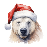 Polar Bear Wearing Santa Hat For Christmas Event. Watercolor Style. AI Generated png