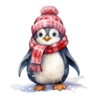 Penguin Wearing Winter Clothes For Christmas Event. Watercolor Style. AI Generated png