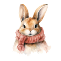 Rabbit Wearing Winter Clothes For Christmas Event. Watercolor Style. AI Generated png