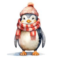 Penguin Wearing Winter Clothes For Christmas Event. Watercolor Style. AI Generated png