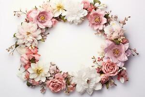 AI Generated flower wreath on white with copy space photo