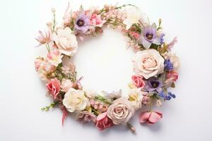 AI Generated flower wreath on white with copy space photo