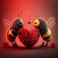 Two bees in love on a red background hold a red heart. The concept of love. Valentine's Day Generative AI. photo