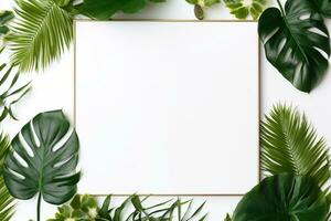 AI Generated green leaves frame on white photo