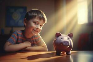 Smiling boy with piggy bank. Generate ai photo