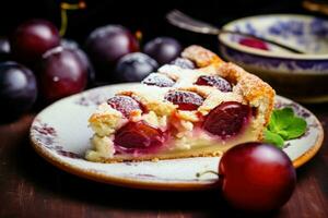 Delicious piece of pie with plums home dessert plate. Generate Ai photo