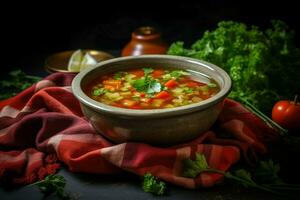 Bowl with fresh vegetable soup with green spices. Generate Ai photo