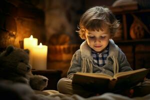 linda pequeño chico sonriente y leyendo libro a hogar. generar ai foto