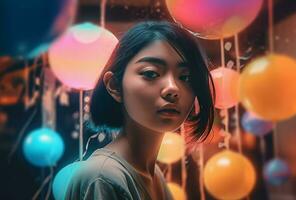 Chinese girl with dreamy background. Generate ai photo