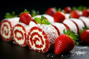 Soft Cake roll strawberries. Generate Ai photo