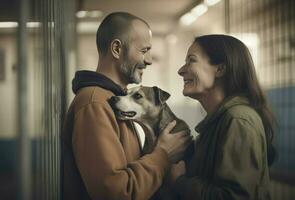 Happy couple adopting a dog. Generate ai photo