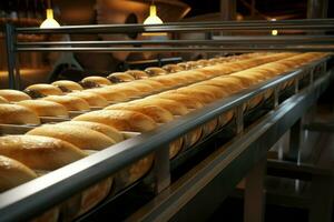 High-capacity Bread bakery conveyor. Generate Ai photo