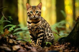 Enchanting Bengal cat forest. Generate Ai photo
