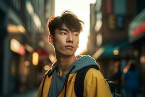 coreano masculino modelo en calle. generar ai foto