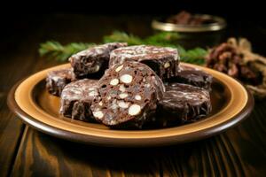 Chocolate salami food plate on table. Generate Ai photo