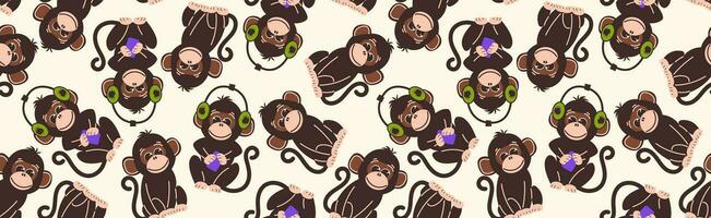 Seamless pattern with monkeys in flat style. Vector background with cute monkey characters wearing headphones. Abstract mirror background.