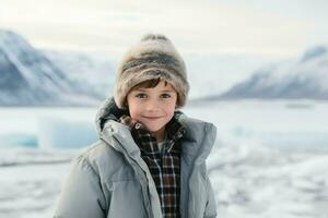 Rosy-cheeked Child boy in warm winter clothes at village. Generate AI photo