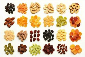 Different dried fruits isolated on white table. Generate Ai photo