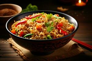 Tasty instant noodles with vegetables in hot bowl. Generate Ai photo