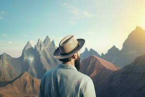 espalda ver de hombre admirativo montaña vista. generar ai foto