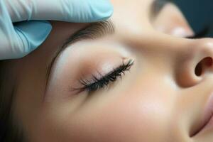 Young woman undergoing eyelash extensions. Generate Ai photo