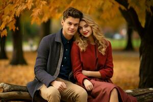 Young couple in autumn park. Generate Ai photo