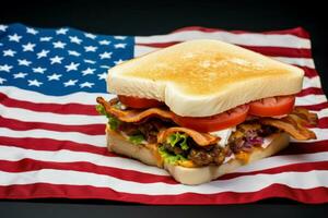 Tasty sandwich on american flag. Generate Ai photo