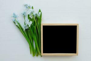 Fresh blue spring flowers Scilla siberica and wooden blackboard empty on a white table. Mockup. photo