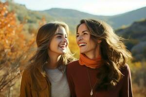 contento maduro madre y su hija al aire libre. generar ai foto