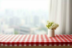 Empty table with red and white checkered tablecloth with flower vase. Generate Ai photo