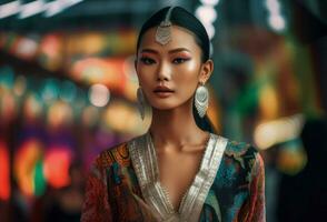 asiático hembra modelo caminando en iluminado calle. generar ai foto