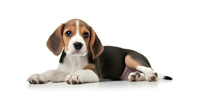 Purebred Pedigree Beagle puppy on clean, white background. This adorable charm young dog is ideal for banners, advertisements, posters, AI generated photo