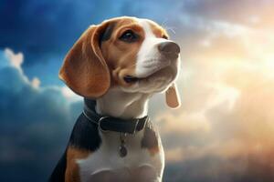 Portrait of a purebred purebred Beagle dog against the background of a clear blue sky. With copy space. Close-up. For posters, banners and advertising. Show off the elegance AI generated photo