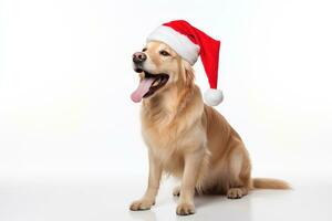 Cute cheerful purebred Golden retriever dog in Christmas Santa Claus hat on a white background with copy space. New Year postcard, background with pet. Merry Christmas. AI generated photo