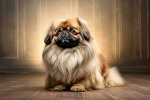 Full size purebred Pekingese dog on brown background. Pedigree doggy. Puppy pet. For advertising, posters, banners, or promoting pet stores, dog care, grooming services, AI generated photo
