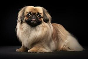 Full size purebred Pekingese dog on dark background. Pedigree doggy. Puppy pet. For advertising, posters, banners, or promoting pet stores, dog care, grooming services, AI generated photo