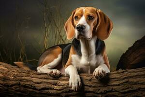 Full-sized purebred pedigree Beagle dog lies on a wooden log against a dark background. Close up. For posters, banners, and advertisements. Showcase the elegance AI generated photo