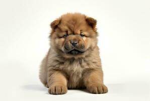 Cute fluffy purebred Chow Chow puppy lies on a white background. With copy space. Pedigree pup. For advertising, posters, banners, promoting pet stores, dog care, veterinary clinics, AI generated photo