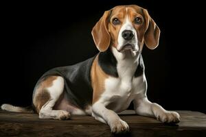 Full-sized purebred pedigree Beagle dog lies against a dark background. Close up. For posters, banners, and advertisements. Showcase the elegance AI generated photo